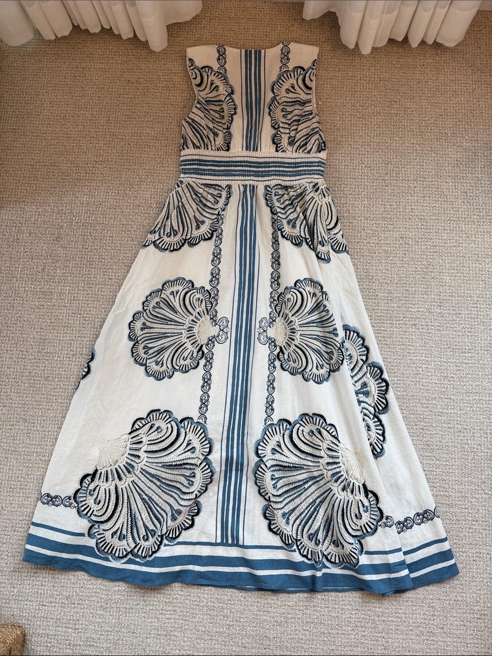 Christian Lacroix White Linen Maxi Dress with Blue Coastal Shell Motif - Picture 7 of 9
